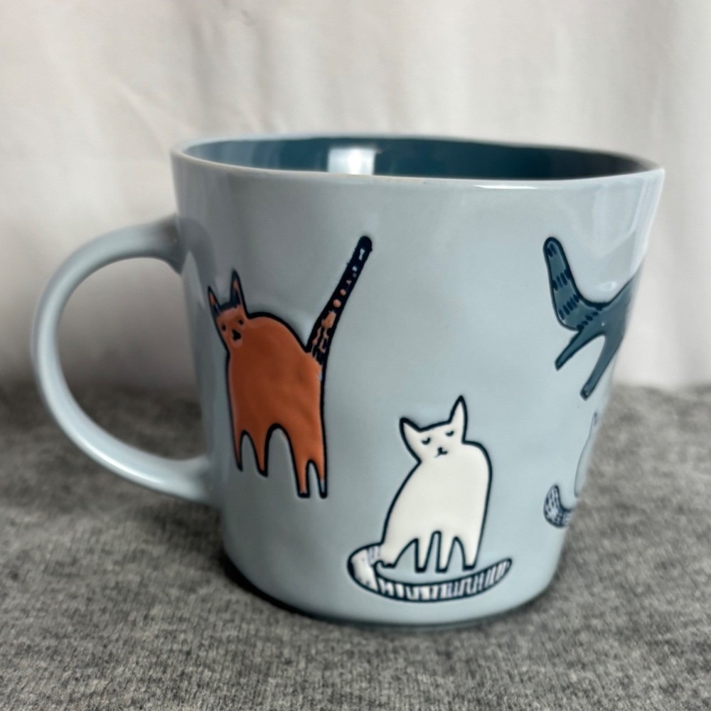Prima Design Cat Coffee Mug 16oz Blue Ceramic Whimsical Feline Artwork Cartoon